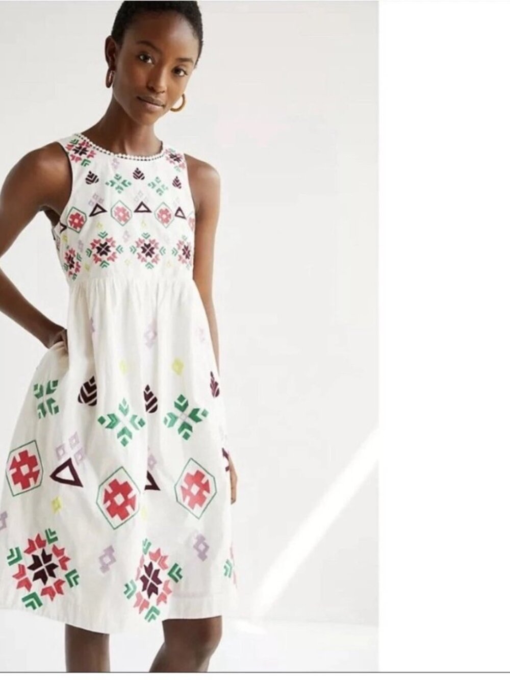 Anthropologie White Sleeveless Dress with Multicolor Embroidery, Size L EUC